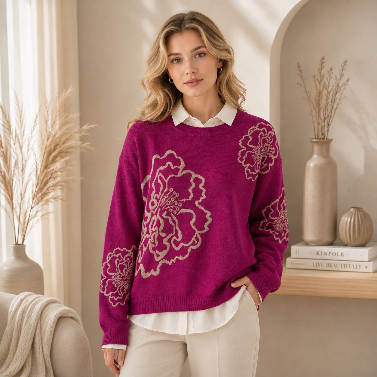 Peony Flower Knit Sweater Premium Thick Floral Pattern Pullover, Elegant Women’s Cozy Sweater image 2