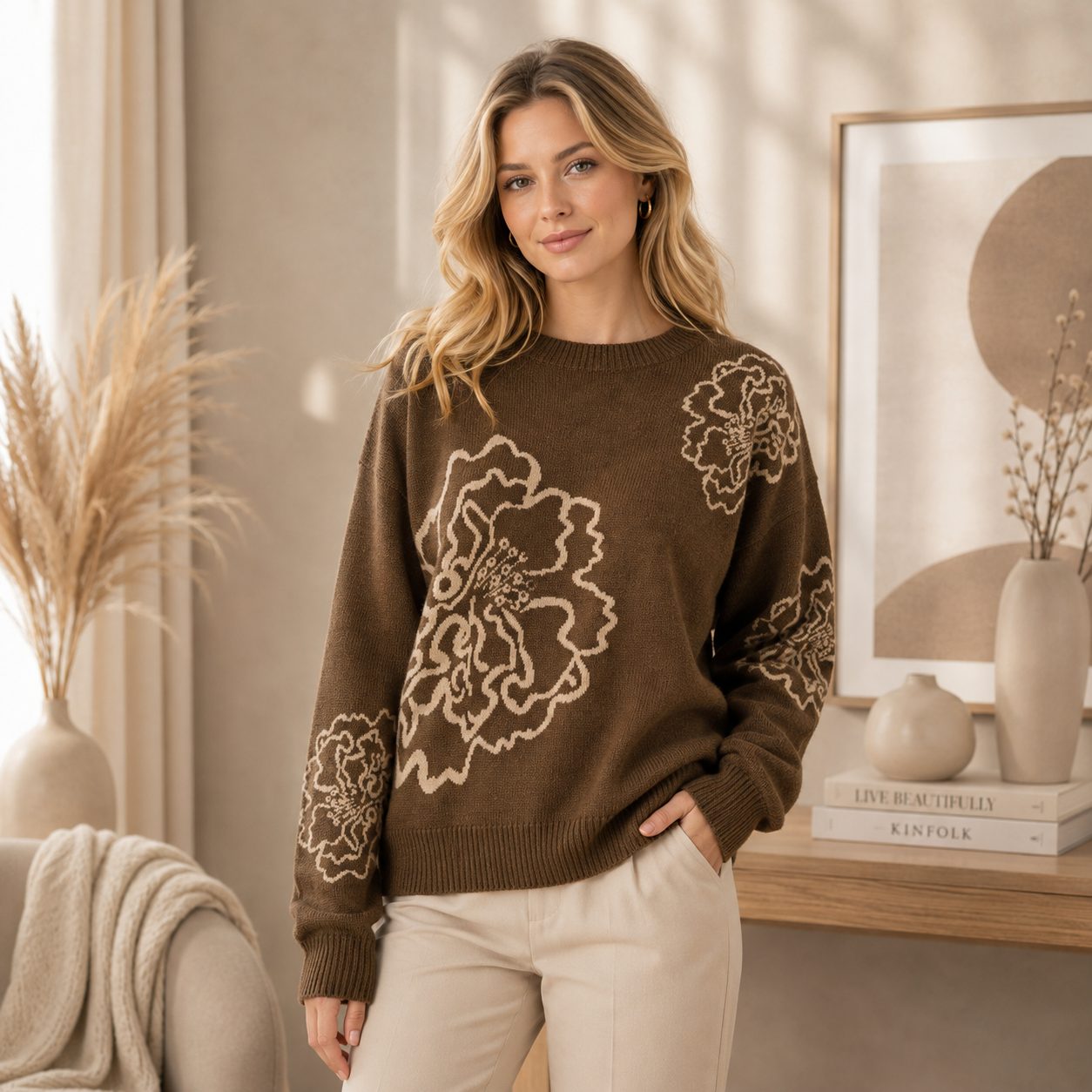 Peony Flower Knit Sweater Premium Thick Floral Pattern Pullover, Elegant Women’s Cozy Sweater image 3