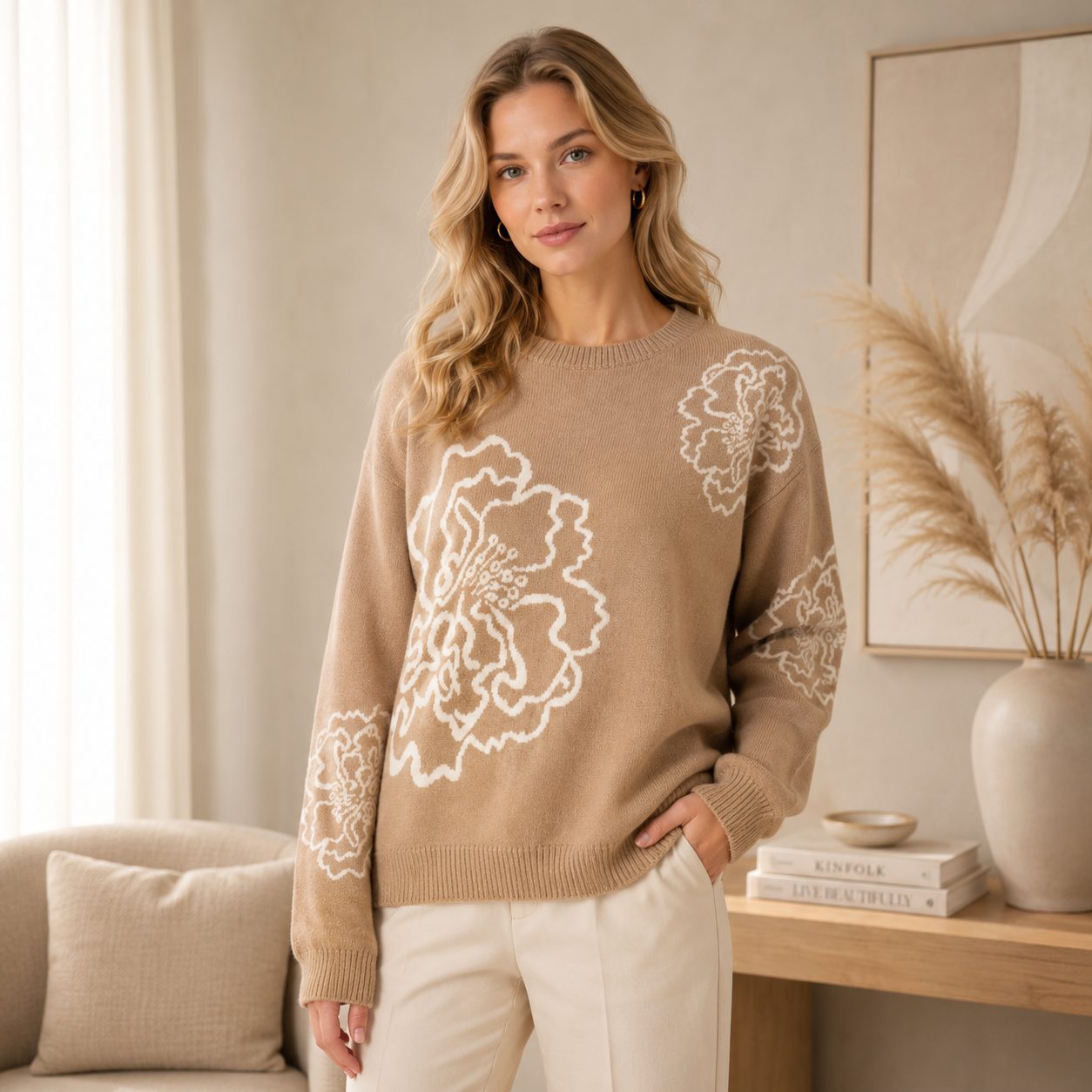 Peony Flower Knit Sweater Premium Thick Floral Pattern Pullover, Elegant Women’s Cozy Sweater image 4