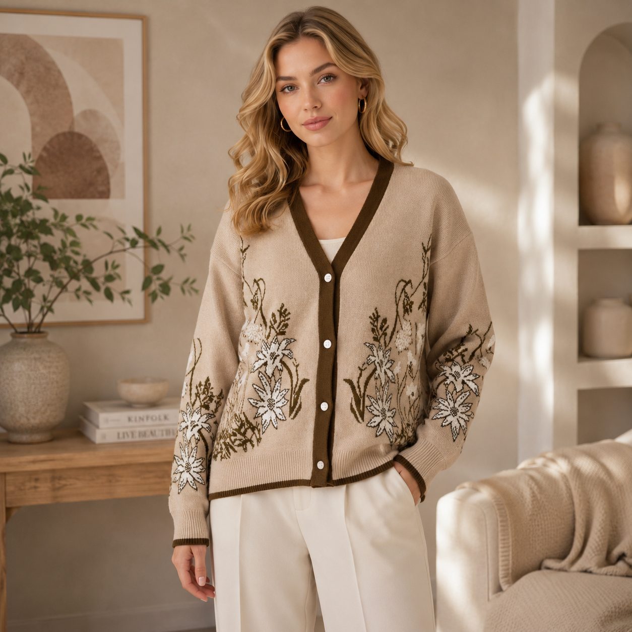 Floral Knit Cardigan for Women V-Neck Button Front Sweater, Elegant Cozy Flower Pattern Cardigan image 3