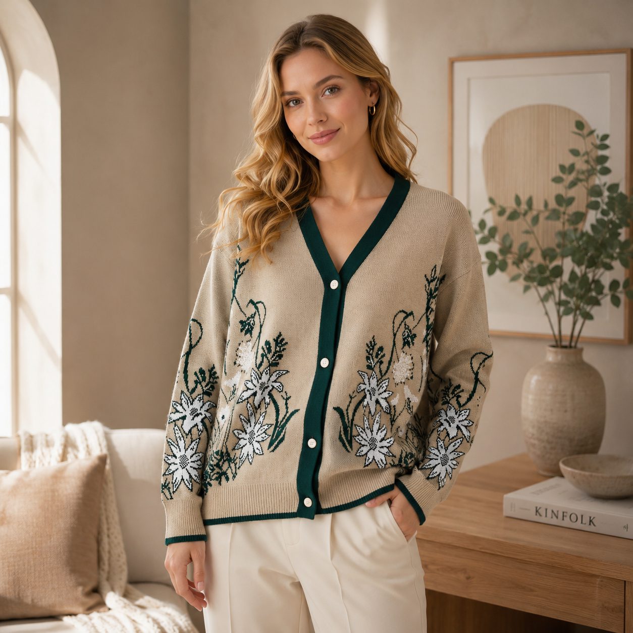 Floral Knit Cardigan for Women V-Neck Button Front Sweater, Elegant Cozy Flower Pattern Cardigan image 2