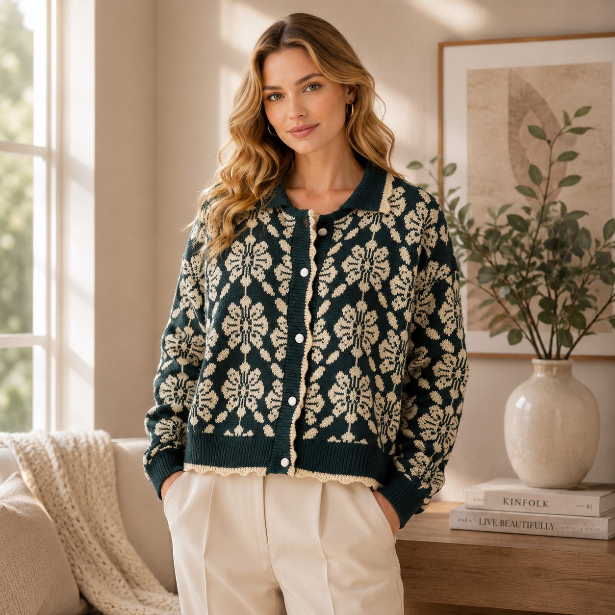 Premium Floral Knit Cardigan for Women Soft Korean Style Sweater, Elegant Simple Button Front Flower Cardigan image 4