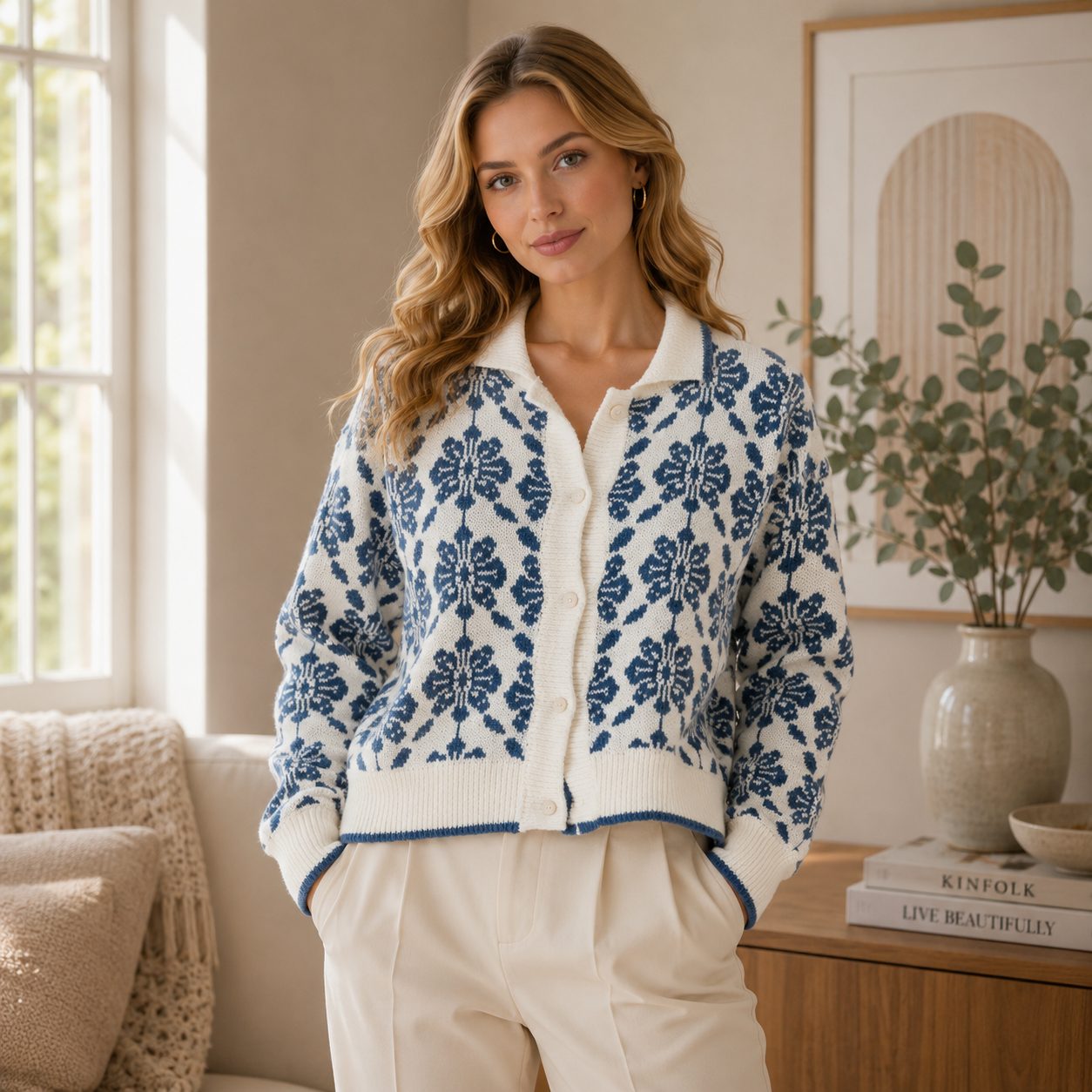 Premium Floral Knit Cardigan for Women Soft Korean Style Sweater, Elegant Simple Button Front Flower Cardigan image 2