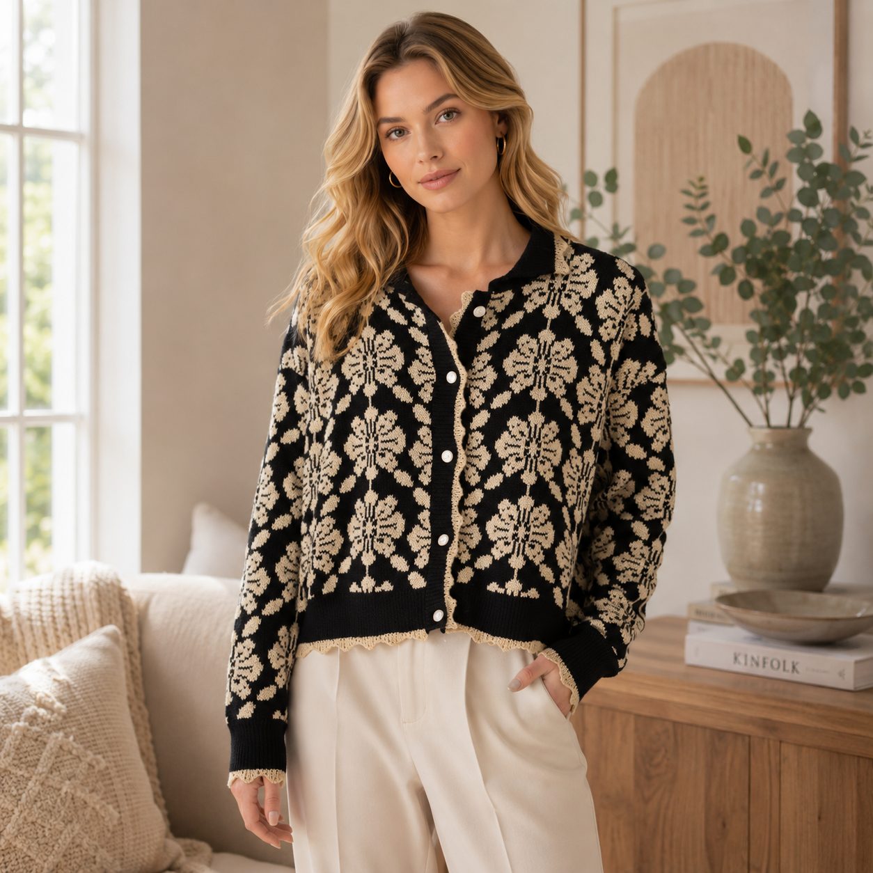 Premium Floral Knit Cardigan for Women Soft Korean Style Sweater, Elegant Simple Button Front Flower Cardigan image 6