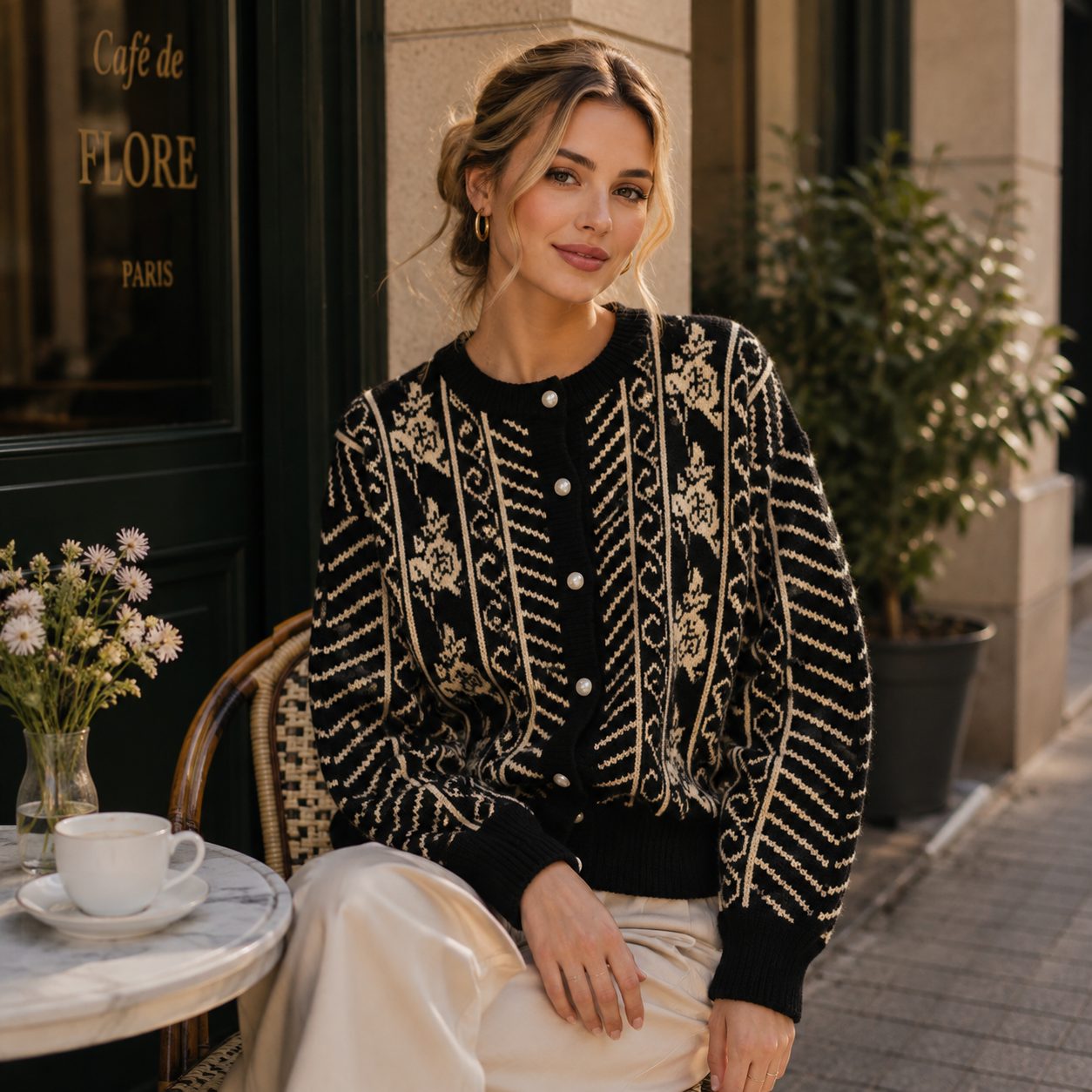 Thick Knit Cardigan Sweater | Long Sleeve Korean Style | Elegant Floral Pattern Women’s Sweater image 2