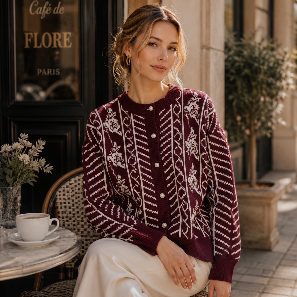 Thick Knit Cardigan Sweater | Long Sleeve Korean Style | Elegant Floral Pattern Women’s Sweater