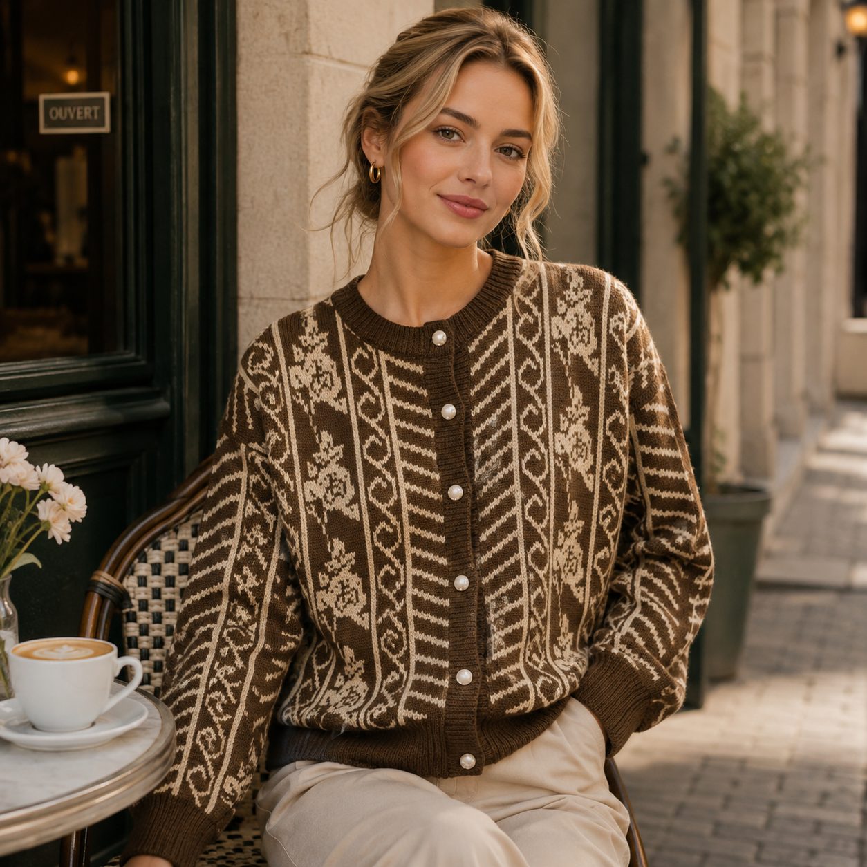 Thick Knit Cardigan Sweater | Long Sleeve Korean Style | Elegant Floral Pattern Women’s Sweater image 4