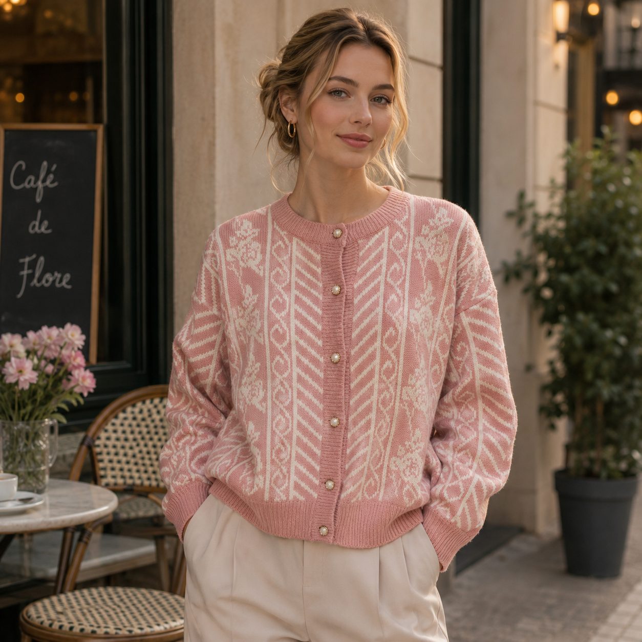 Thick Knit Cardigan Sweater | Long Sleeve Korean Style | Elegant Floral Pattern Women’s Sweater image 5