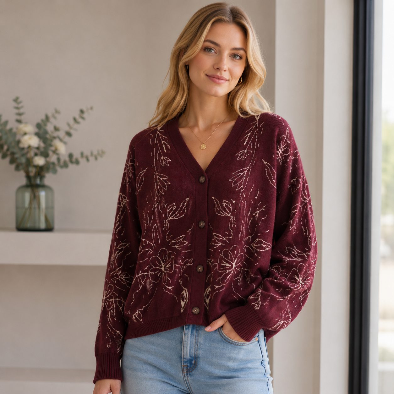 Premium Women’s Chunky Knit Floral Cardigan | Cozy Button-Up Sweater image 2