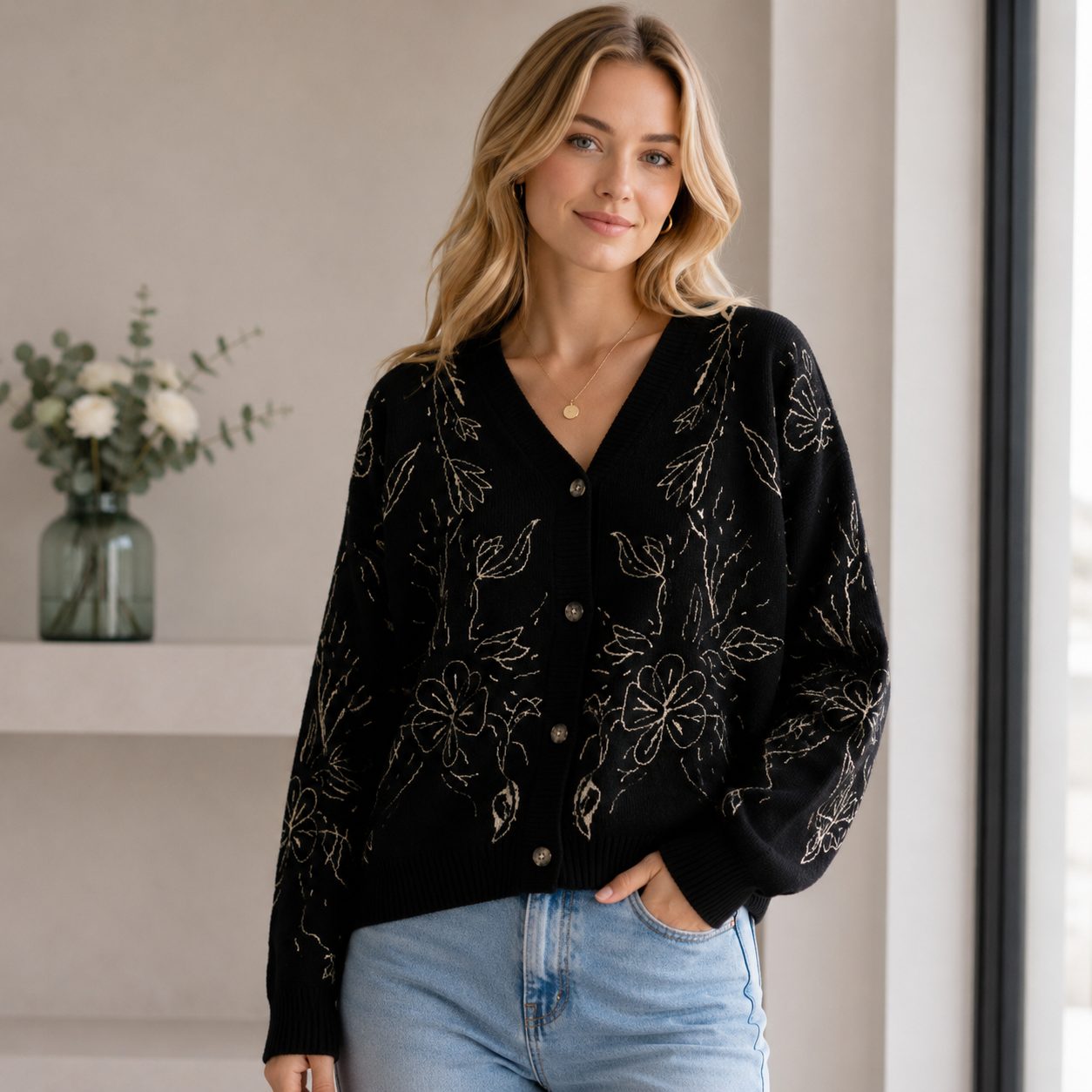 Premium Women’s Chunky Knit Floral Cardigan | Cozy Button-Up Sweater image 4