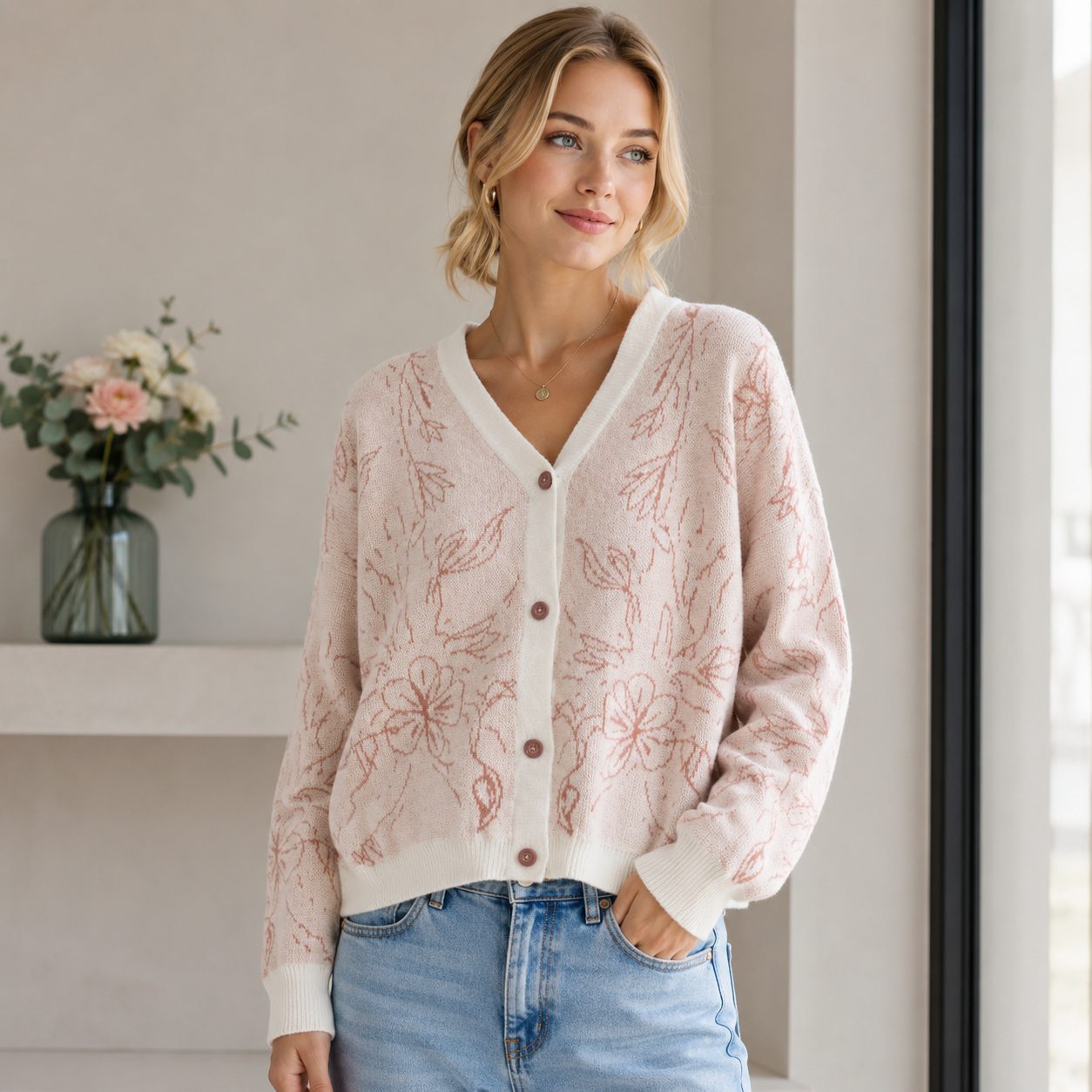 Premium Women’s Chunky Knit Floral Cardigan | Cozy Button-Up Sweater image 5
